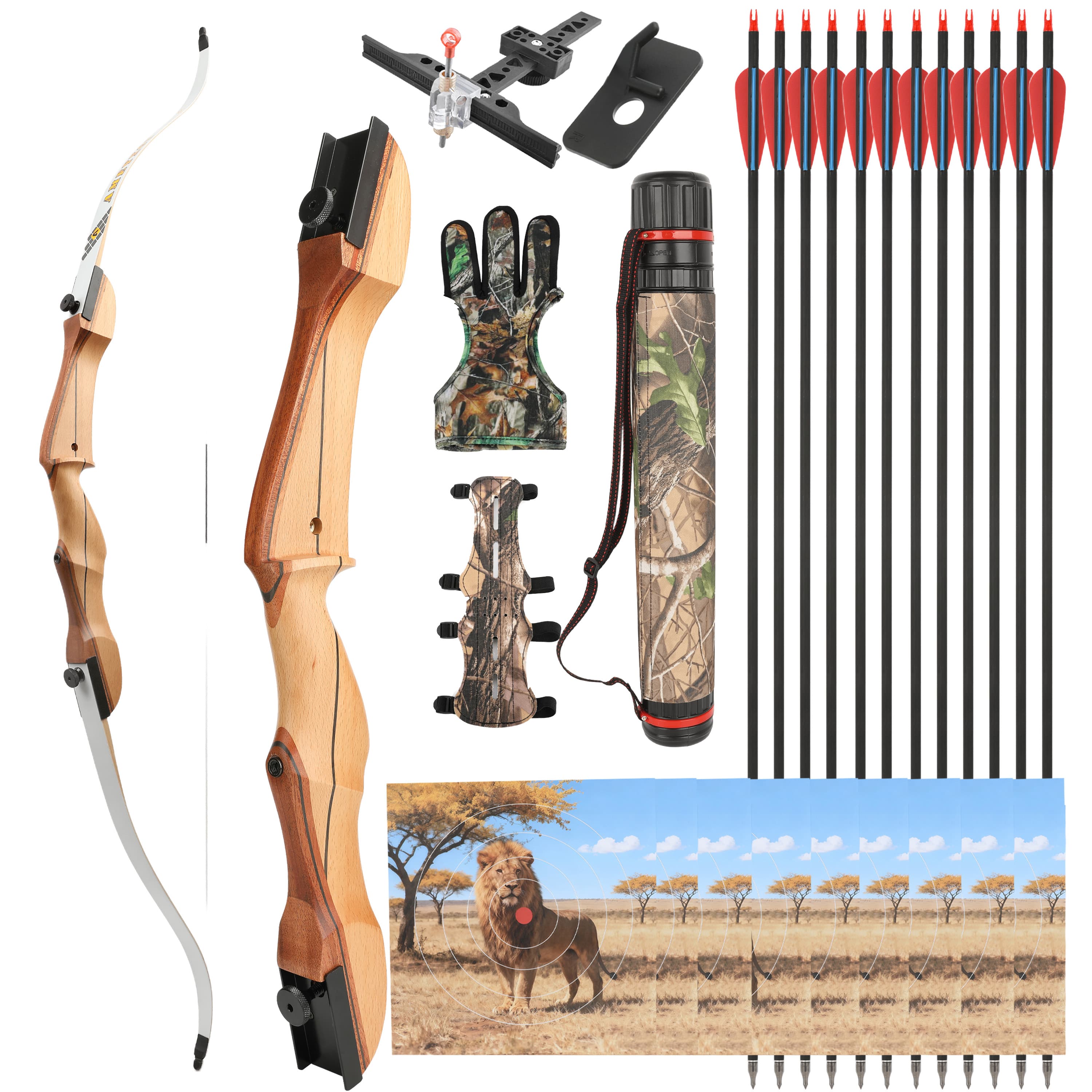 66" Wooden Recurve Bow and Arrows Set 14-24lbs