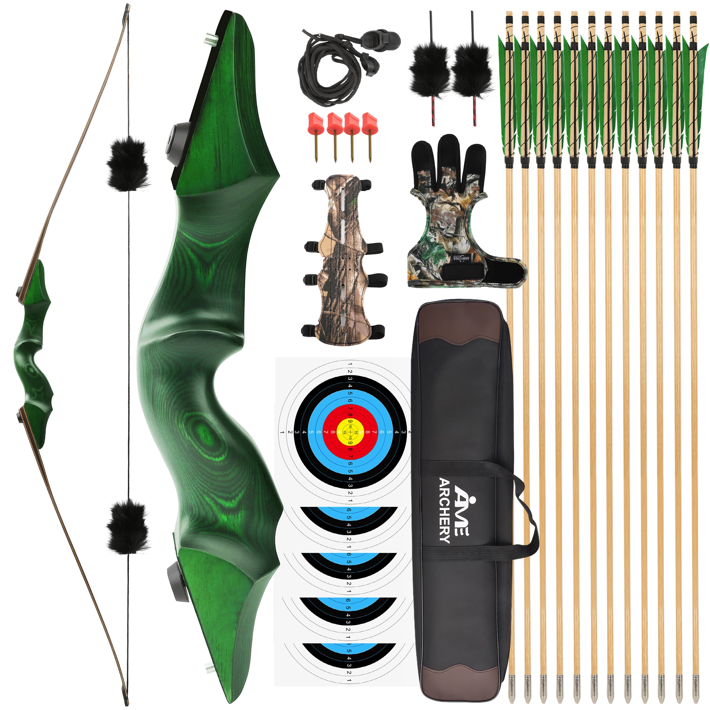 Black Hunter 60'' Archery Wooden Longbow Kit Hunting 20-60lbs