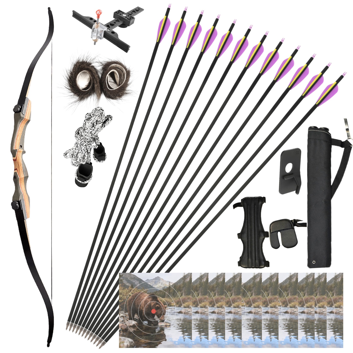 62" Recurve Bow Outdoor Archery Set 30-50lbs Takedown Hunting