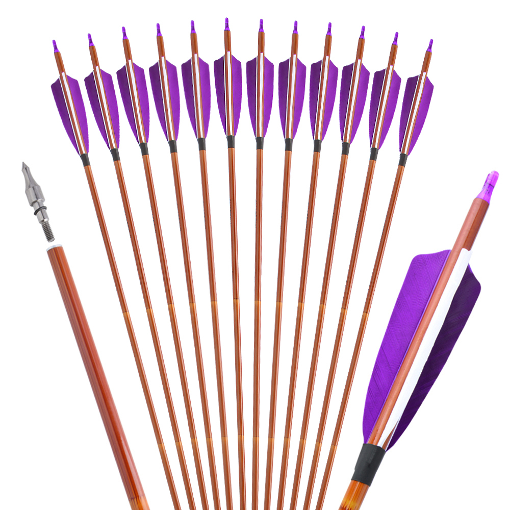 AME ARCHERY 500 Spine Bamboo-Pattern Mixed Carbon Arrows (2 Purple 1 White Real Feather, 12pcs)