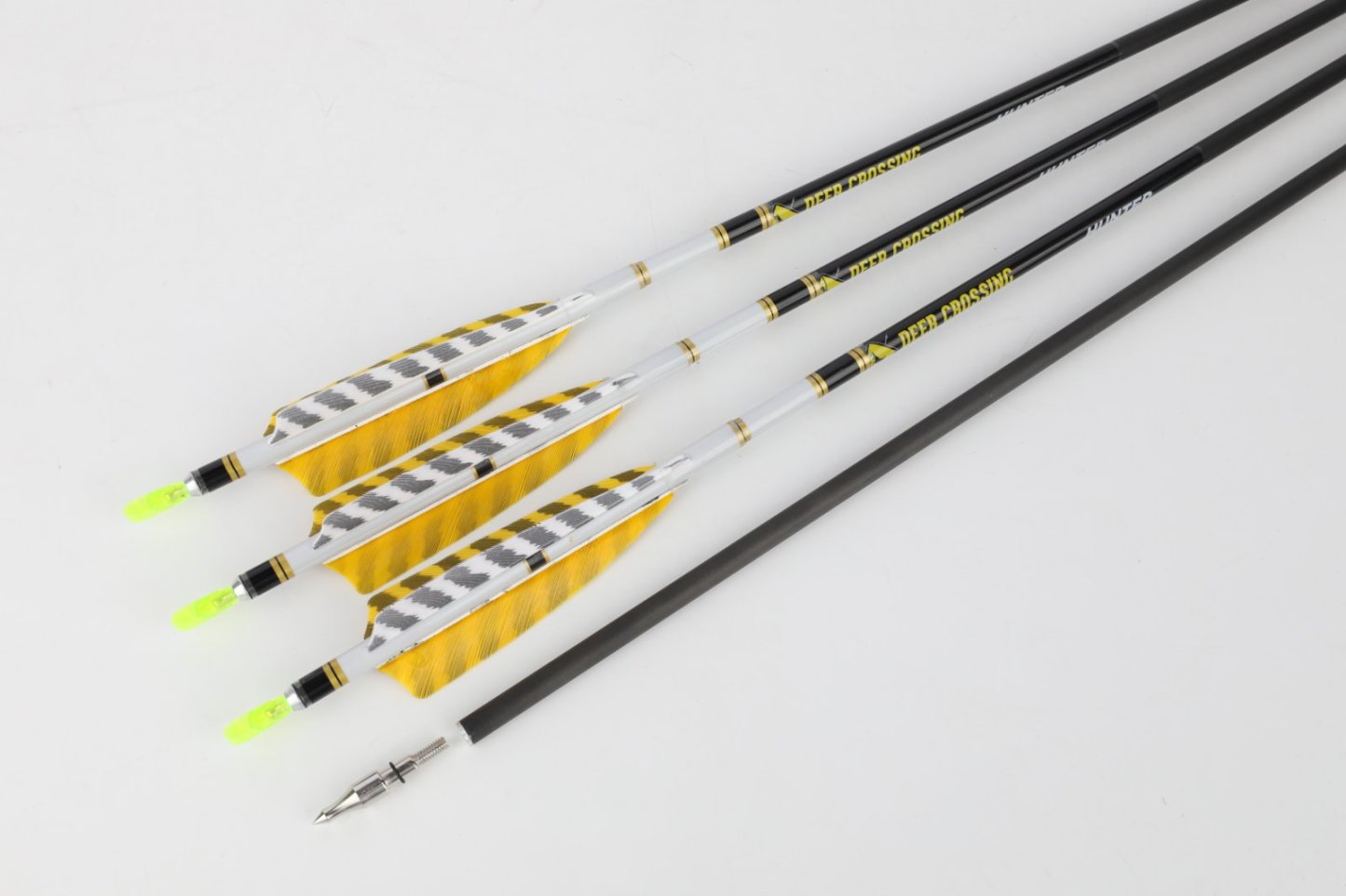 Deer Crossing Pure Carbon Arrow – 2 Yellow 1 White 4" Shield Striped Feather Fletching (12pcs)