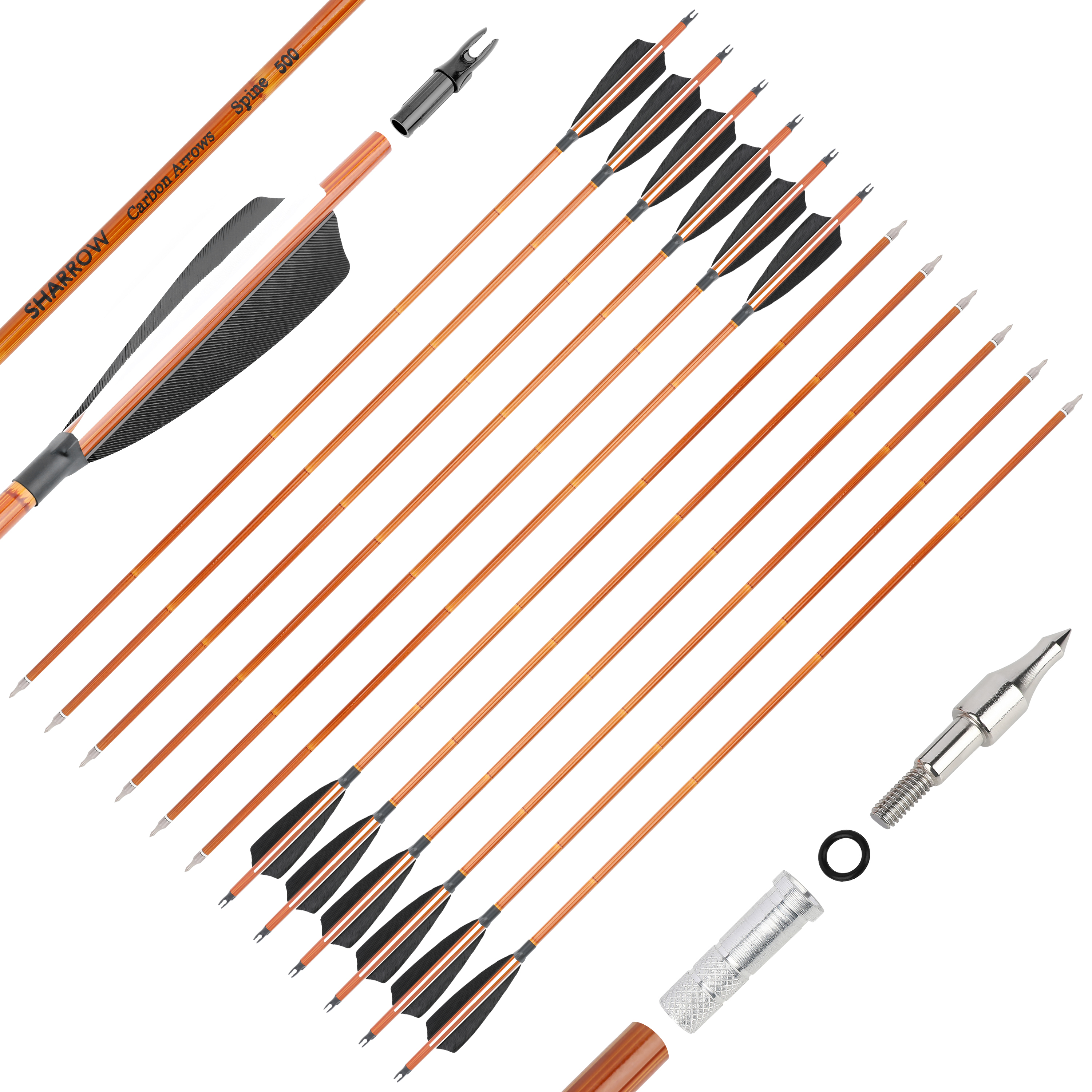500 Spine Bamboo-Pattern Mixed Carbon Arrows (2 Black 1 White Real Feather, 12pcs)