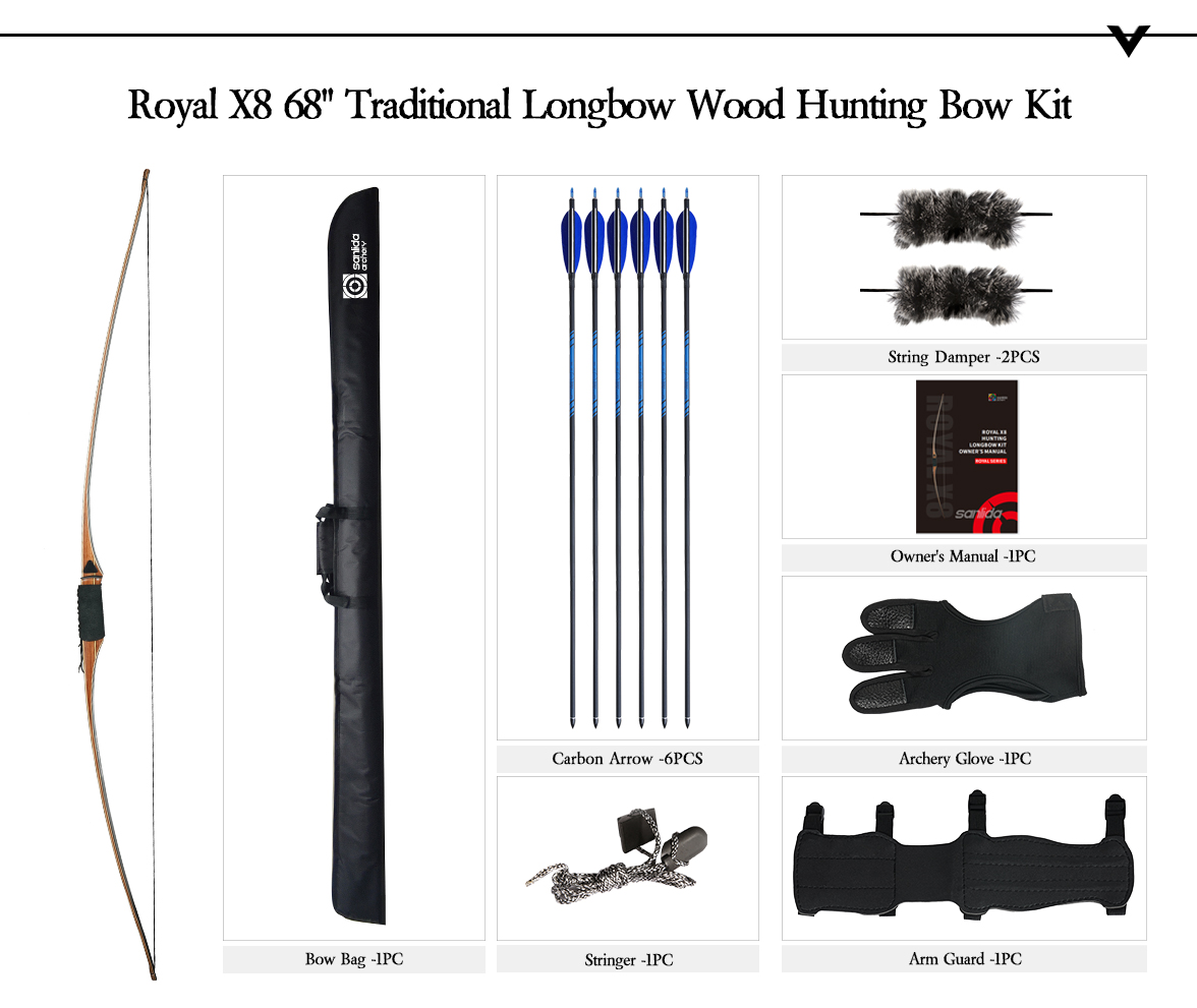 SANLIDA ARCHERY Royal X8 68" Traditional Longbow Wood Hunting Bow Kit