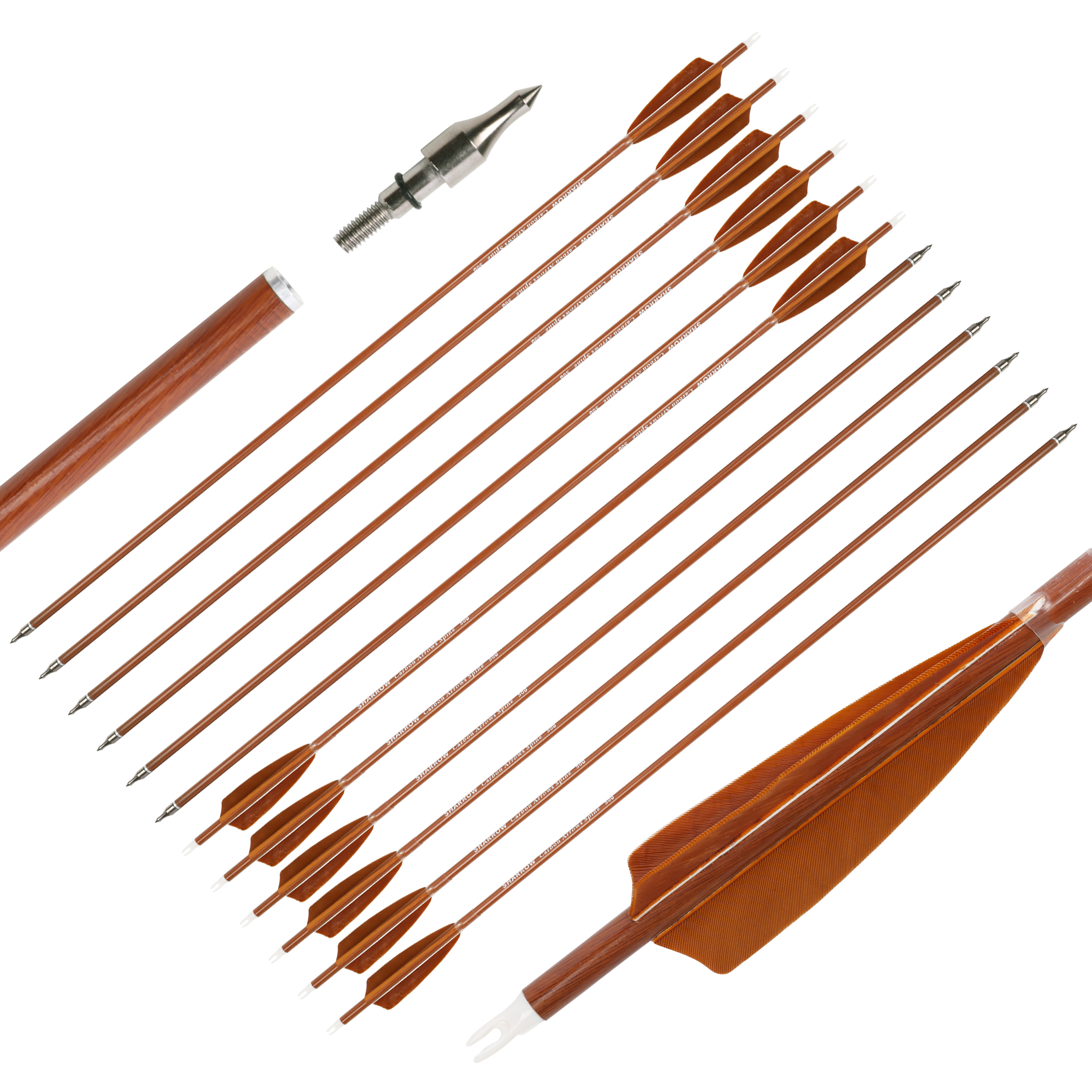 Carbon Mix Arrows, 12pcs, Spine 500/600, 30" Shaft, 4" Brown Shield Feathers, 100 Grain