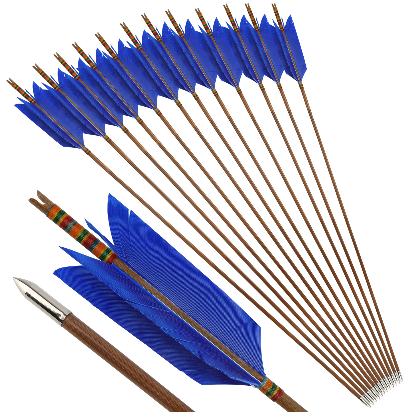 Traditional Bamboo Target Arrows, 33.5", 8mm, 4x4" Turkey Feathers, 12pcs Set