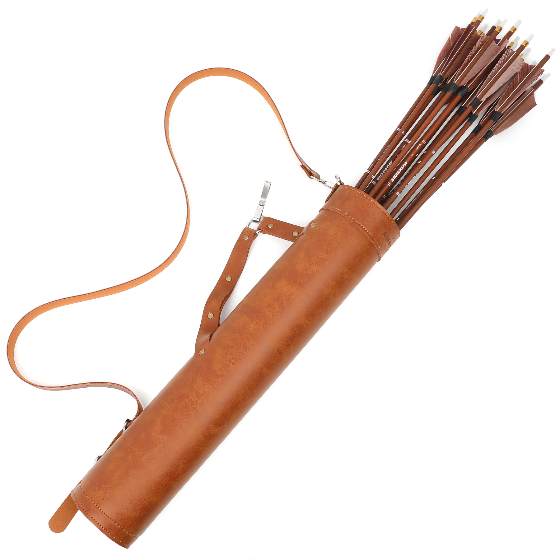Brown Leather Arrow Quiver, Adjustable, Shoulder & Waist Carry