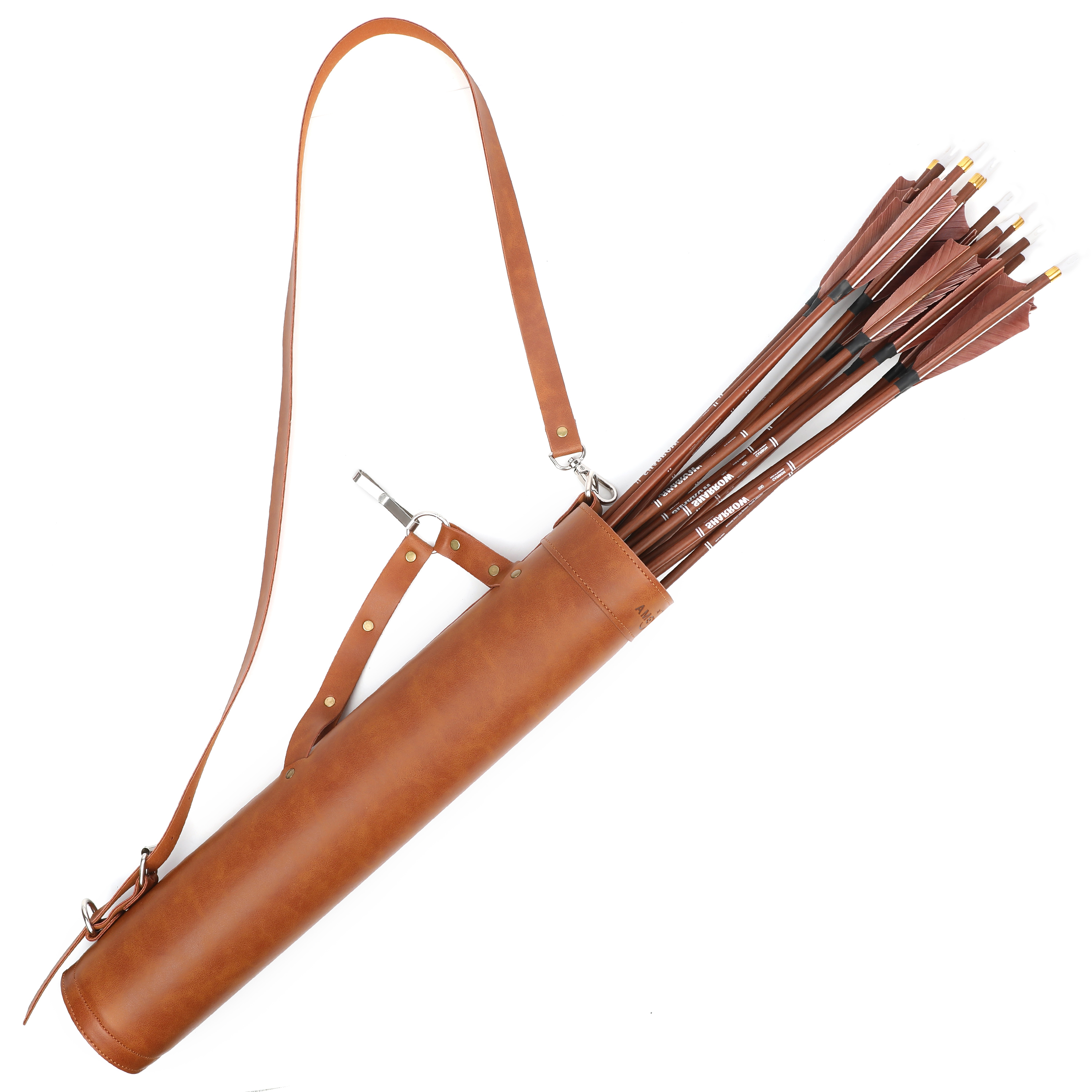 Brown Leather Arrow Quiver, Adjustable, Shoulder & Waist Carry
