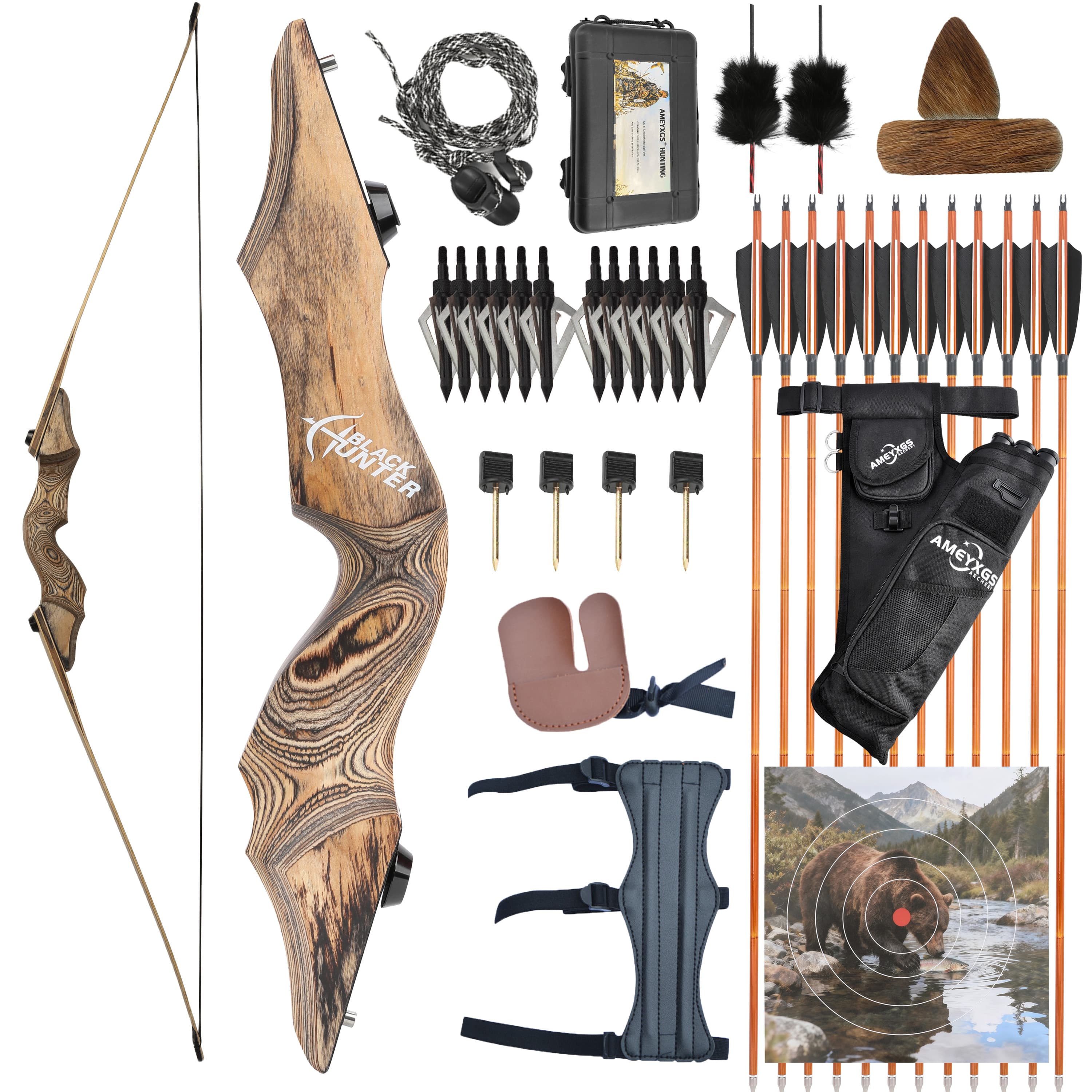 Black Hunter 60'' Archery Longbow Set Hunting 20-60lbs