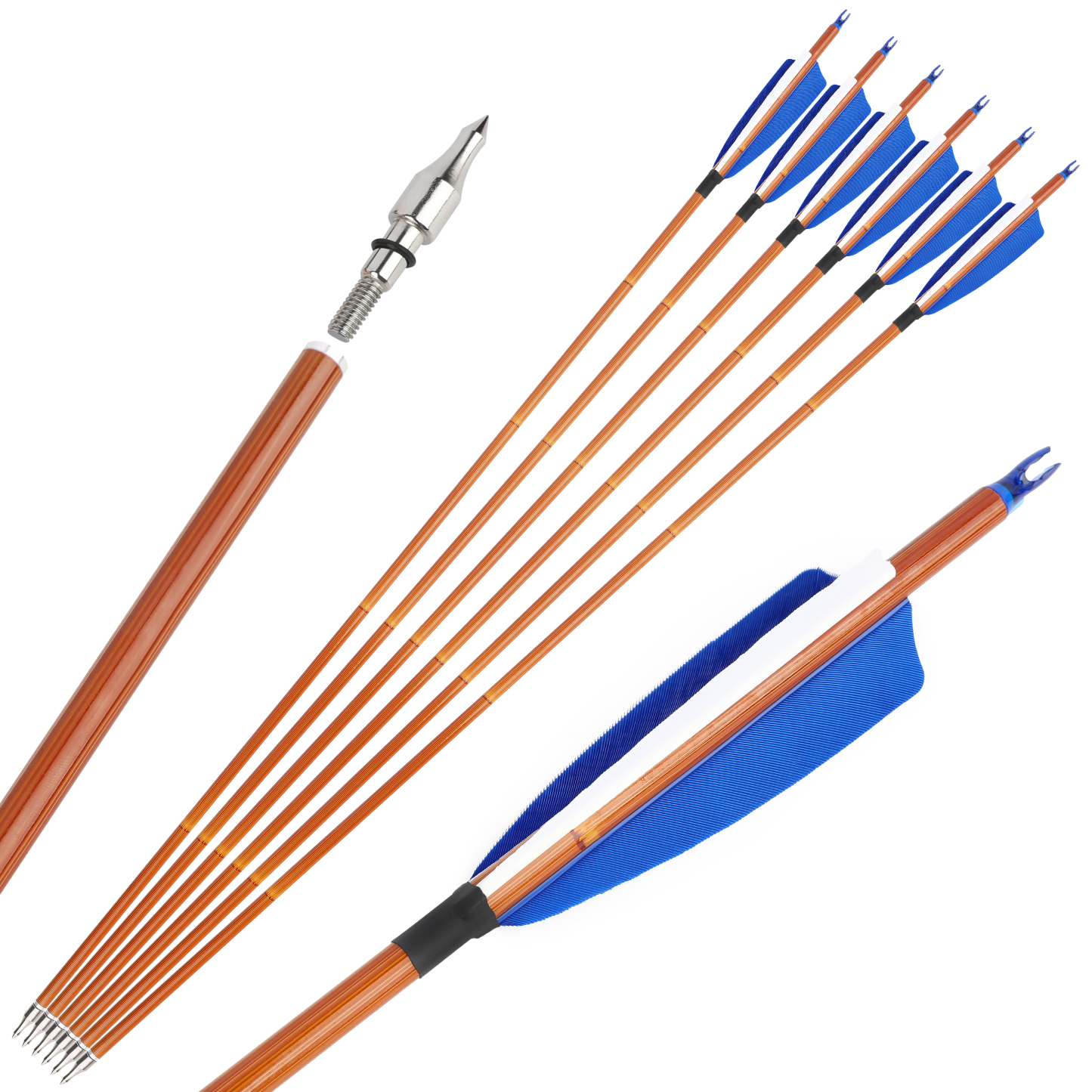 AME ARCHERY 500 Spine Bamboo-Pattern Mixed Carbon Arrows (2 Blue 1 White Real Feather, 12pcs)
