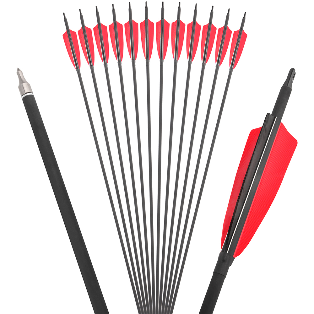 AME ARCHERY Spine500 Mixed Carbon Arrows with 2 Red & 1 Black Natural Feathers 12pcs