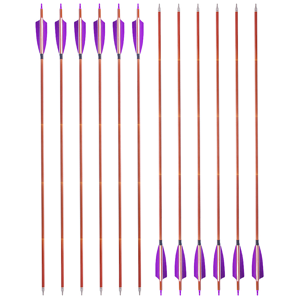 AME ARCHERY 500 Spine Bamboo-Pattern Mixed Carbon Arrows (2 Purple 1 White Real Feather, 12pcs)