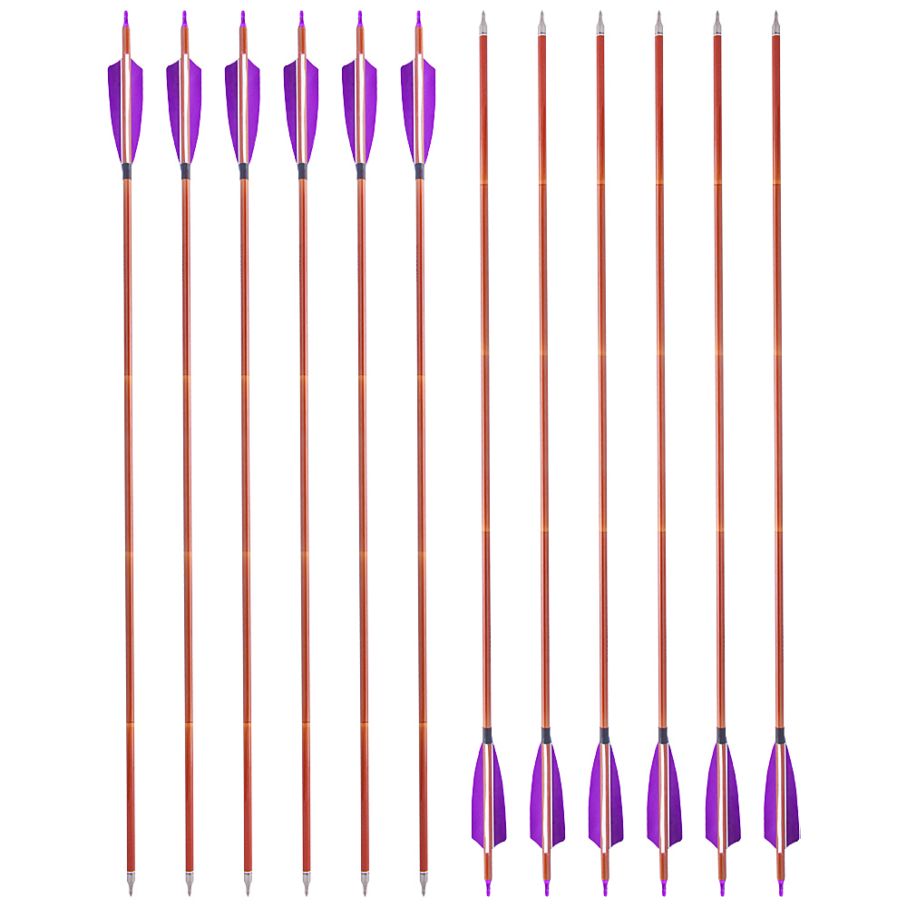 AME ARCHERY 500 Spine Bamboo-Pattern Mixed Carbon Arrows (2 Purple 1 White Real Feather, 12pcs)