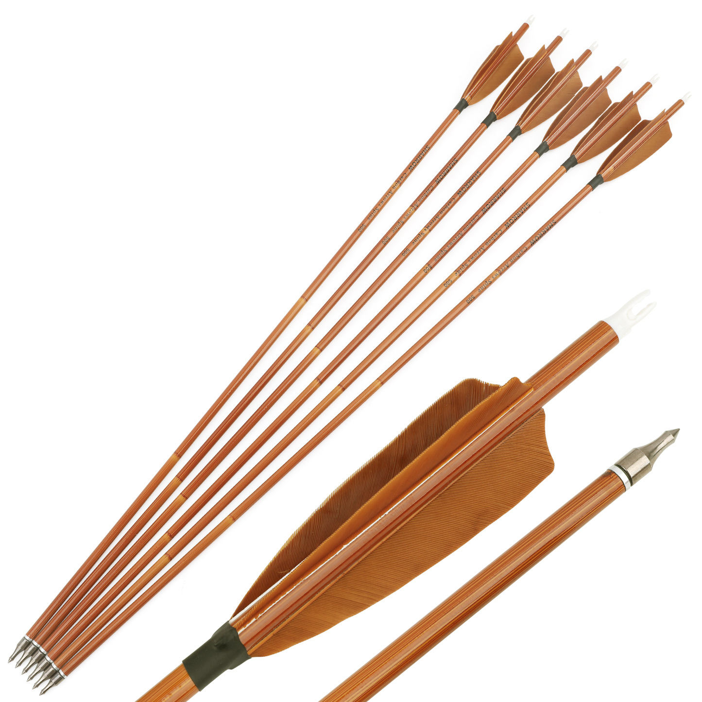 12 pcs SHARROW 500 Spine Carbon Bamboo Arrows with 4" Brown Feathers
