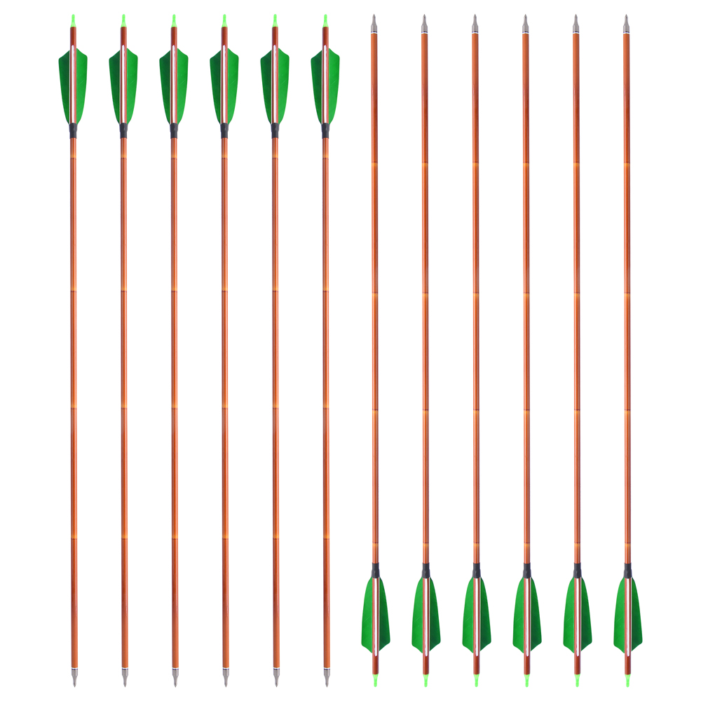 AME ARCHERY 500 Spine Bamboo-Pattern Mixed Carbon Arrows (2 Green 1 White Real Feather, 12pcs)