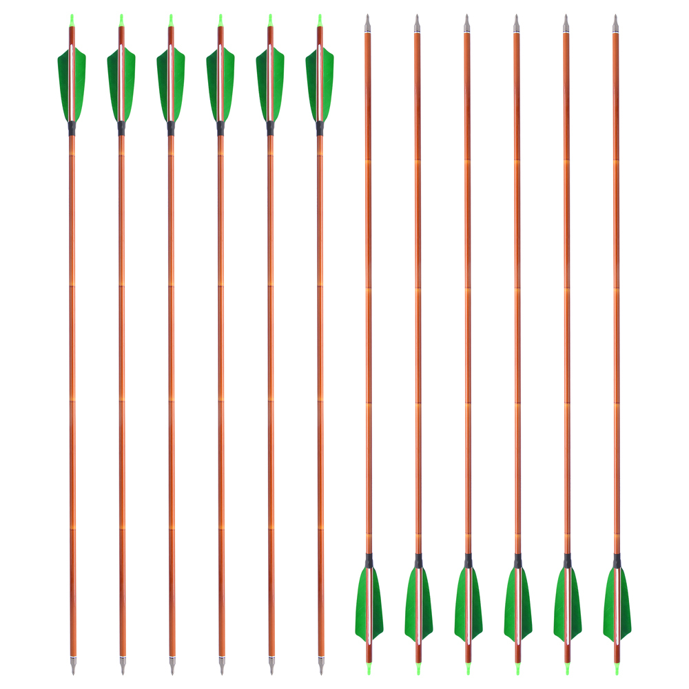 AME ARCHERY 500 Spine Bamboo-Pattern Mixed Carbon Arrows (2 Green 1 White Real Feather, 12pcs)