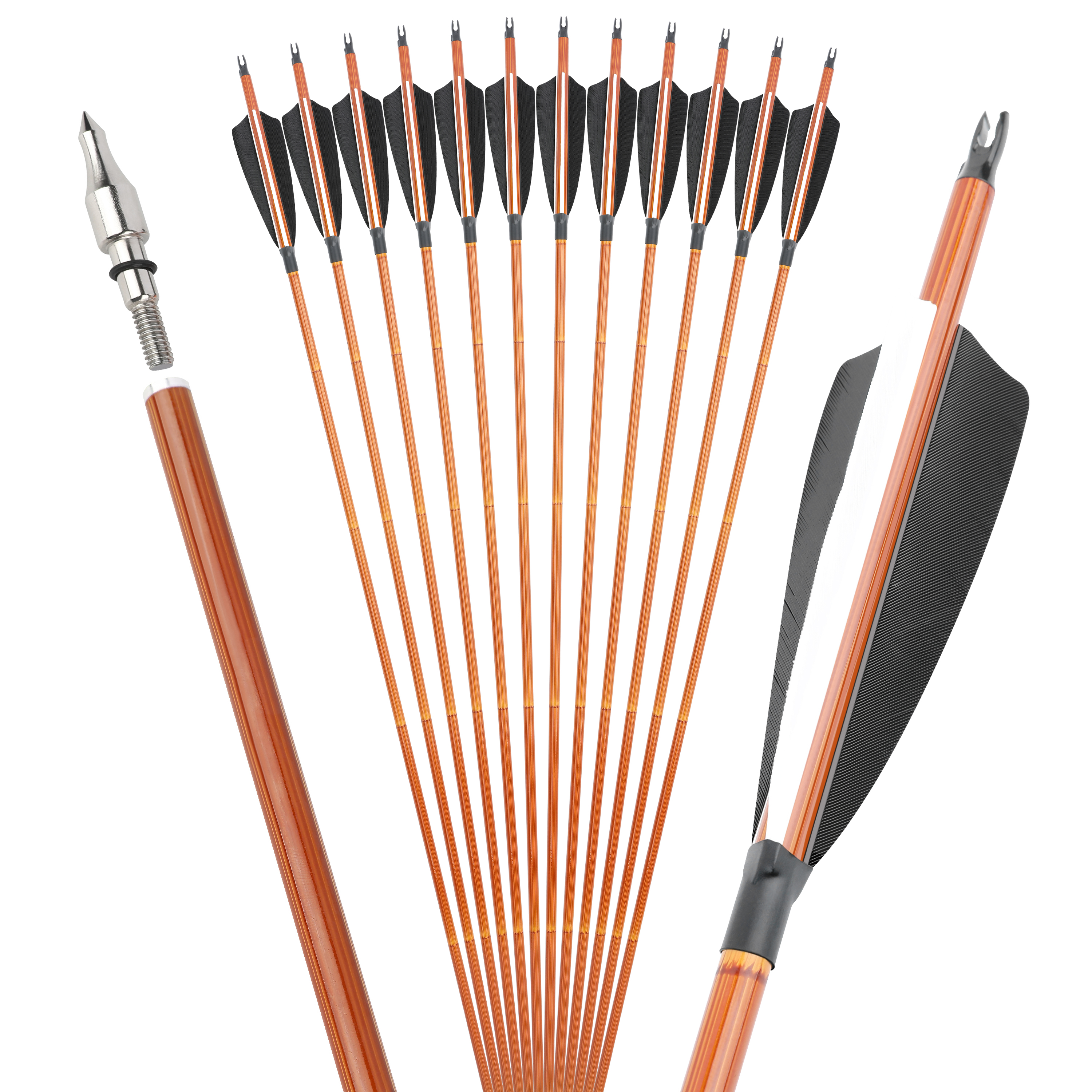 500 Spine Bamboo-Pattern Mixed Carbon Arrows (2 Black 1 White Real Feather, 12pcs)