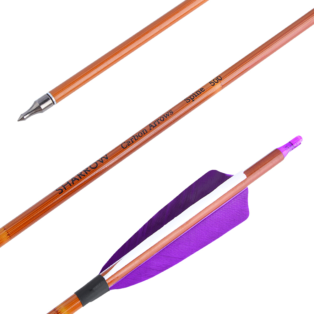 AME ARCHERY 500 Spine Bamboo-Pattern Mixed Carbon Arrows (2 Purple 1 White Real Feather, 12pcs)