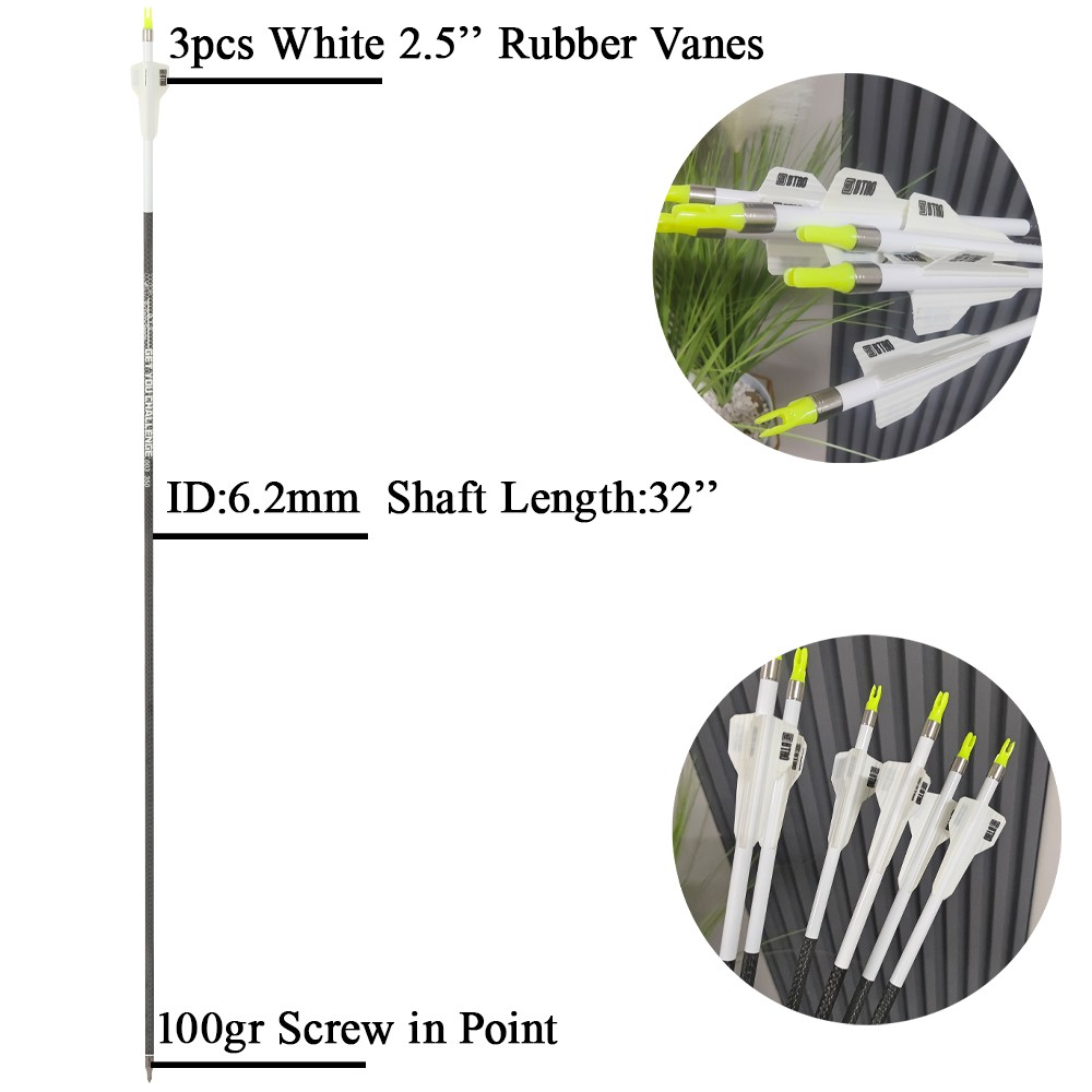 12pcs 32" Pure Carbon Arrows 2.5" Rubber Vanes 250-400 Spine