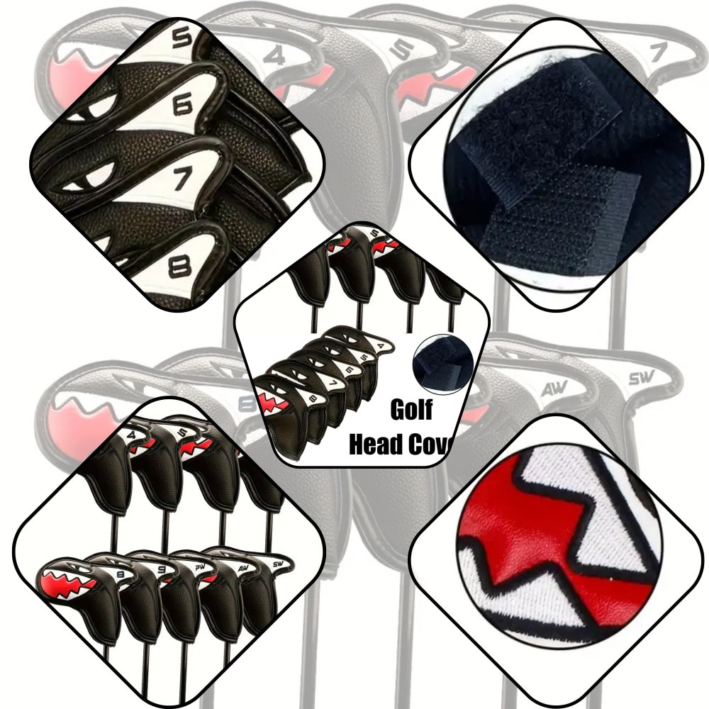 Complete Iron Set Head Covers with Shark Design & Velcro Closure - White/Black