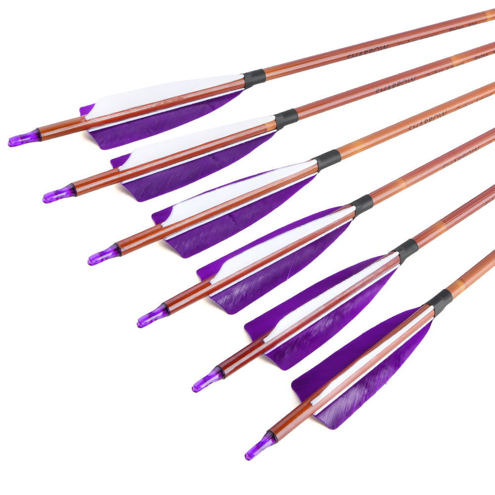 AME ARCHERY 500 Spine Bamboo-Pattern Mixed Carbon Arrows (2 Purple 1 White Real Feather, 12pcs)