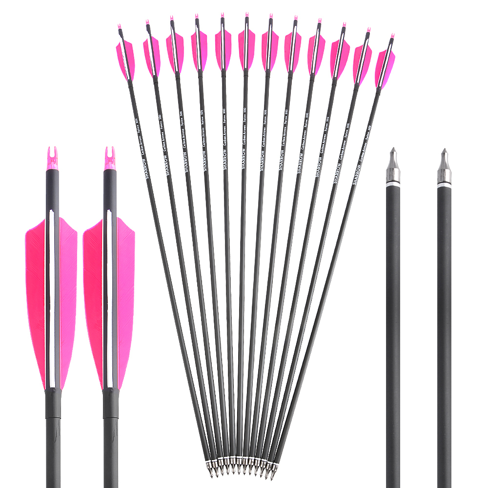 AME ARCHERY Spine500 Mixed Carbon Arrows with 2 Pink & 1 White Natural Feathers (12pcs)