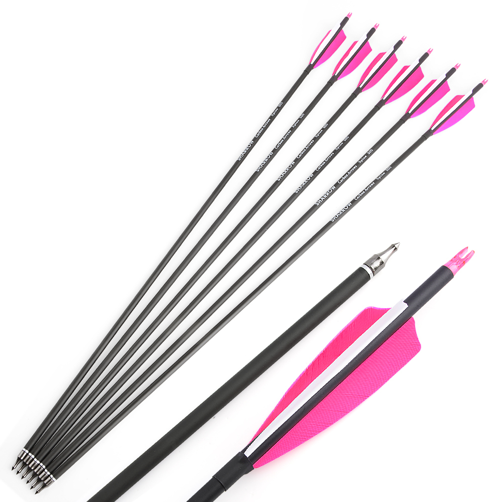 AME ARCHERY Spine500 Mixed Carbon Arrows with 2 Pink & 1 White Natural Feathers (12pcs)