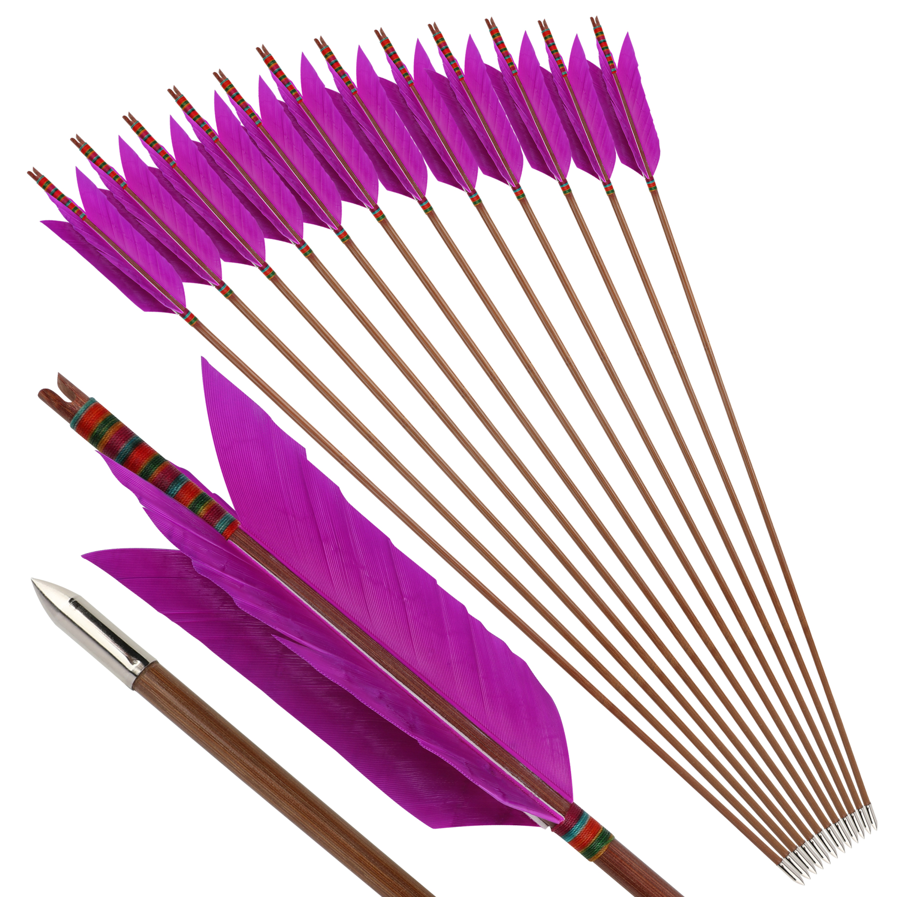 Traditional Bamboo Target Arrows, 33.5", 8mm, 4x4" Turkey Feathers, 12pcs Set