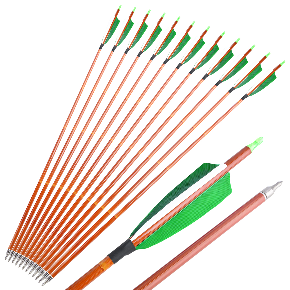 AME ARCHERY 500 Spine Bamboo-Pattern Mixed Carbon Arrows (2 Green 1 White Real Feather, 12pcs)