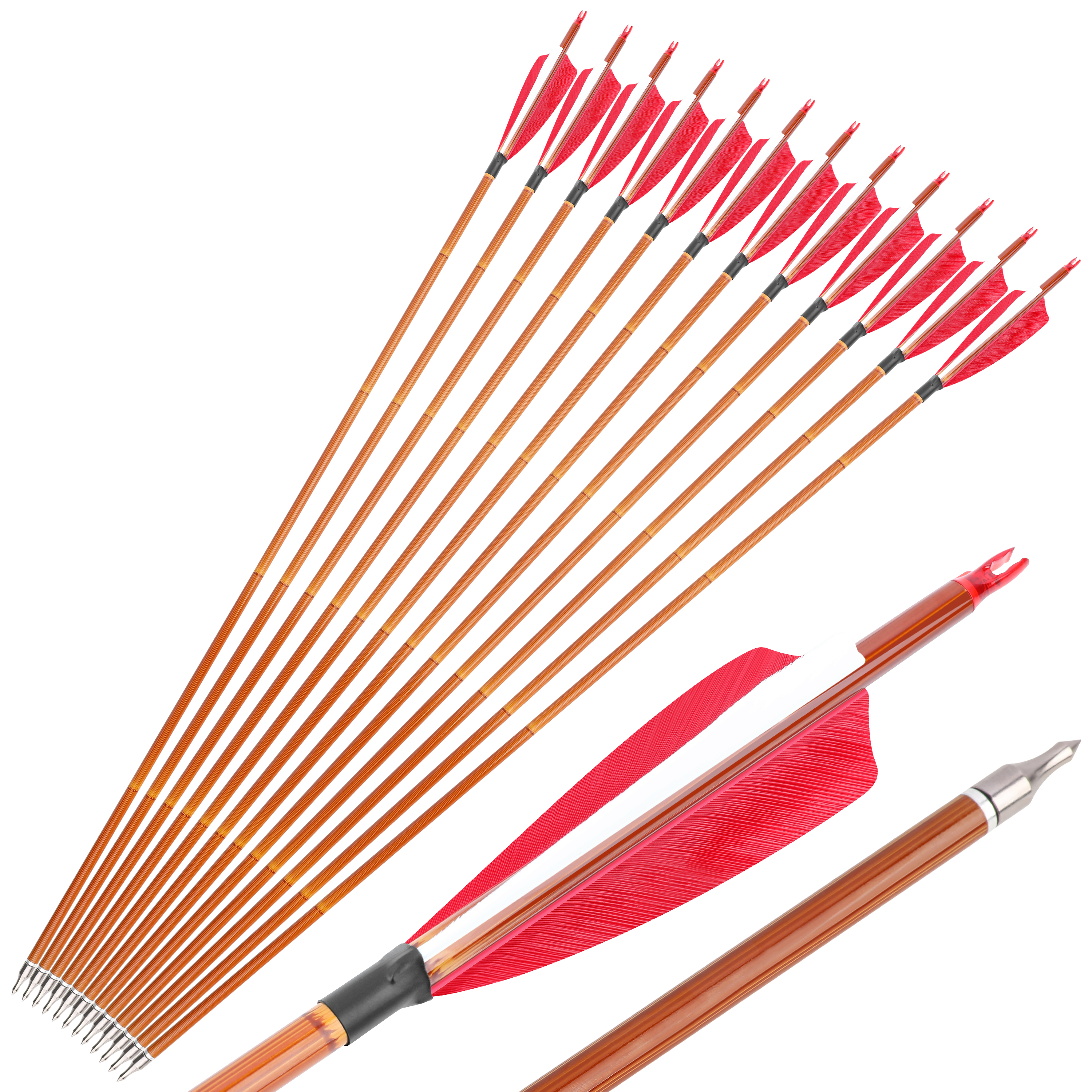 AME ARCHERY 500 Spine Bamboo-Pattern Mixed Carbon Arrows (2 Red 1 White Real Feather, 12pcs)