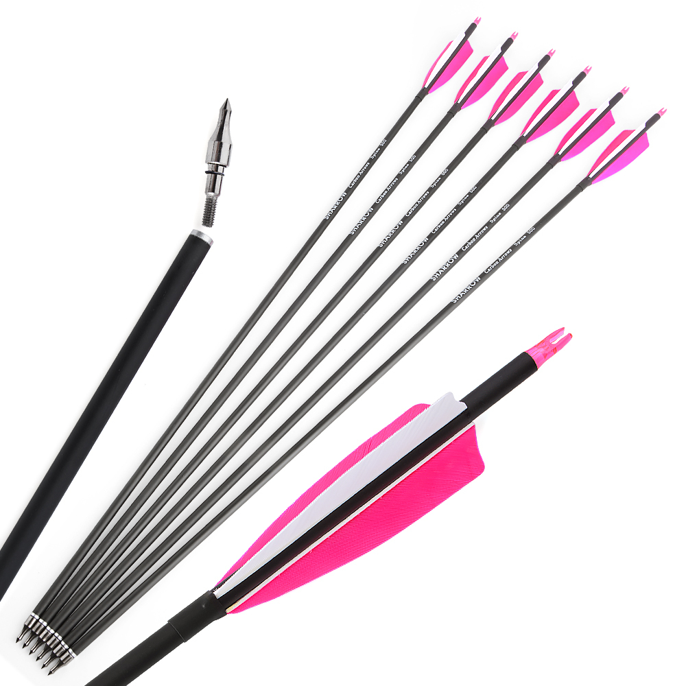 AME ARCHERY Spine500 Mixed Carbon Arrows with 2 Pink & 1 White Natural Feathers (12pcs)