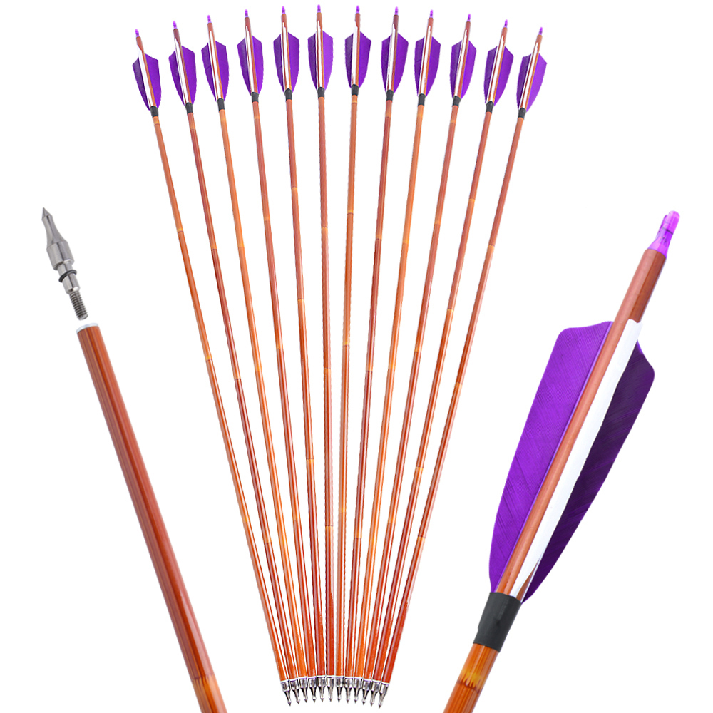 AME ARCHERY 500 Spine Bamboo-Pattern Mixed Carbon Arrows (2 Purple 1 White Real Feather, 12pcs)