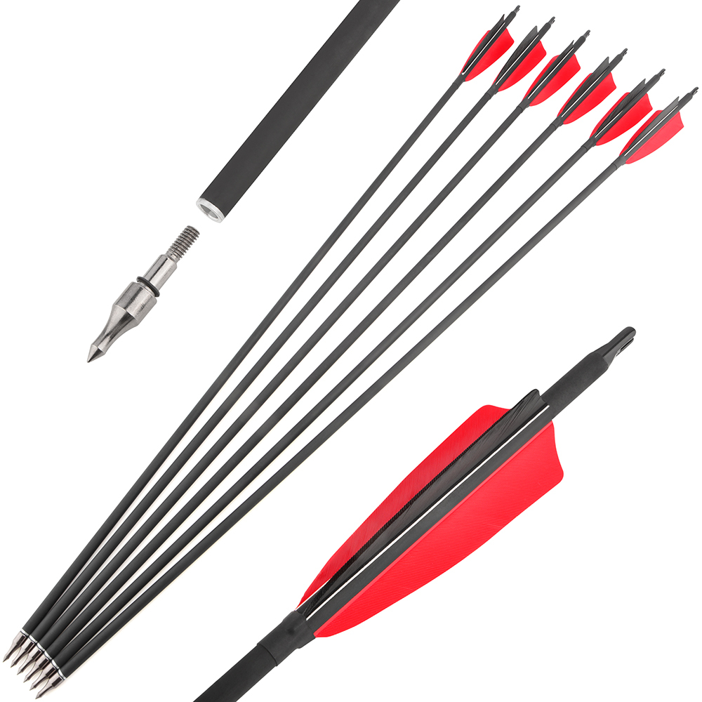 AME ARCHERY Spine500 Mixed Carbon Arrows with 2 Red & 1 Black Natural Feathers 12pcs