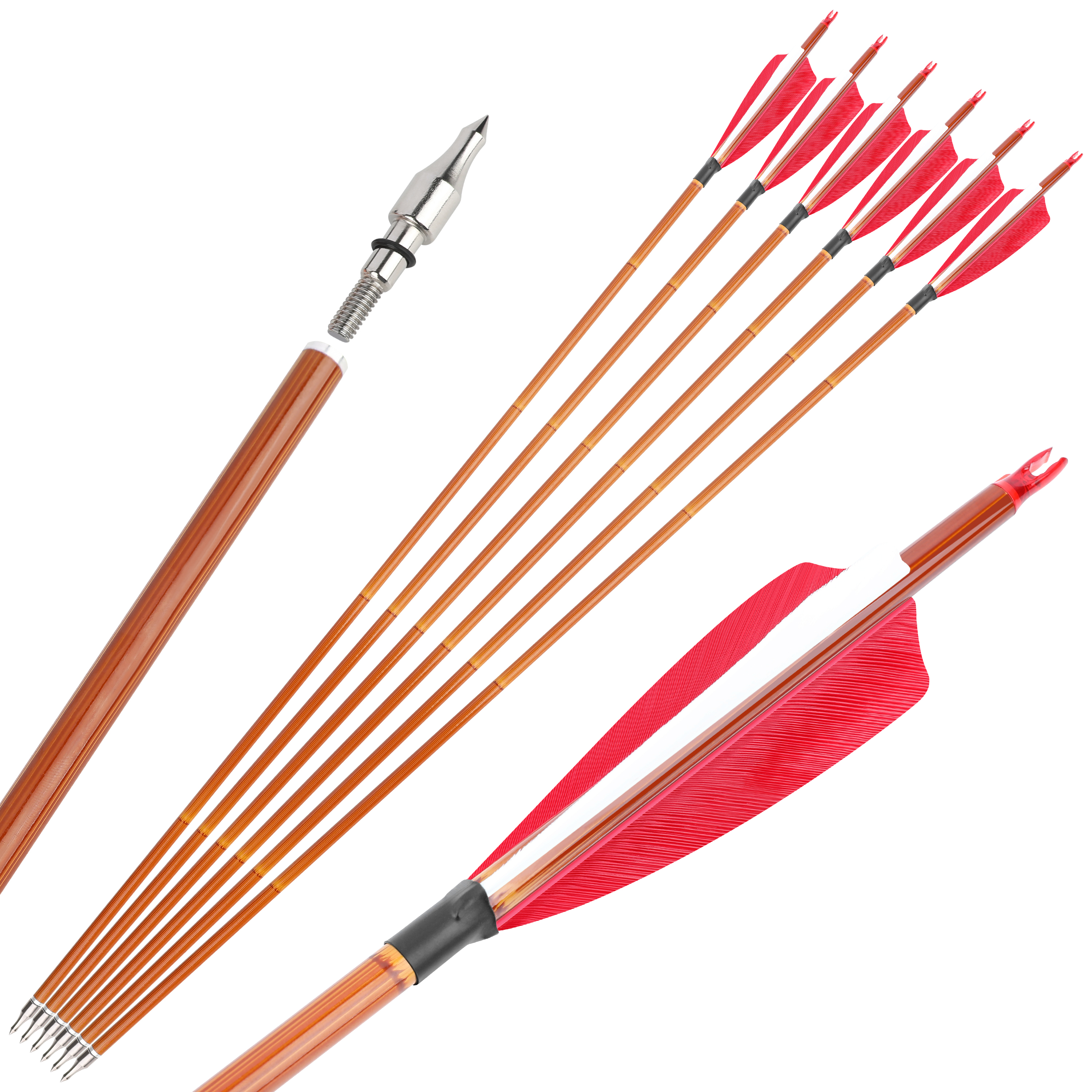 AME ARCHERY 500 Spine Bamboo-Pattern Mixed Carbon Arrows (2 Red 1 White Real Feather, 12pcs)