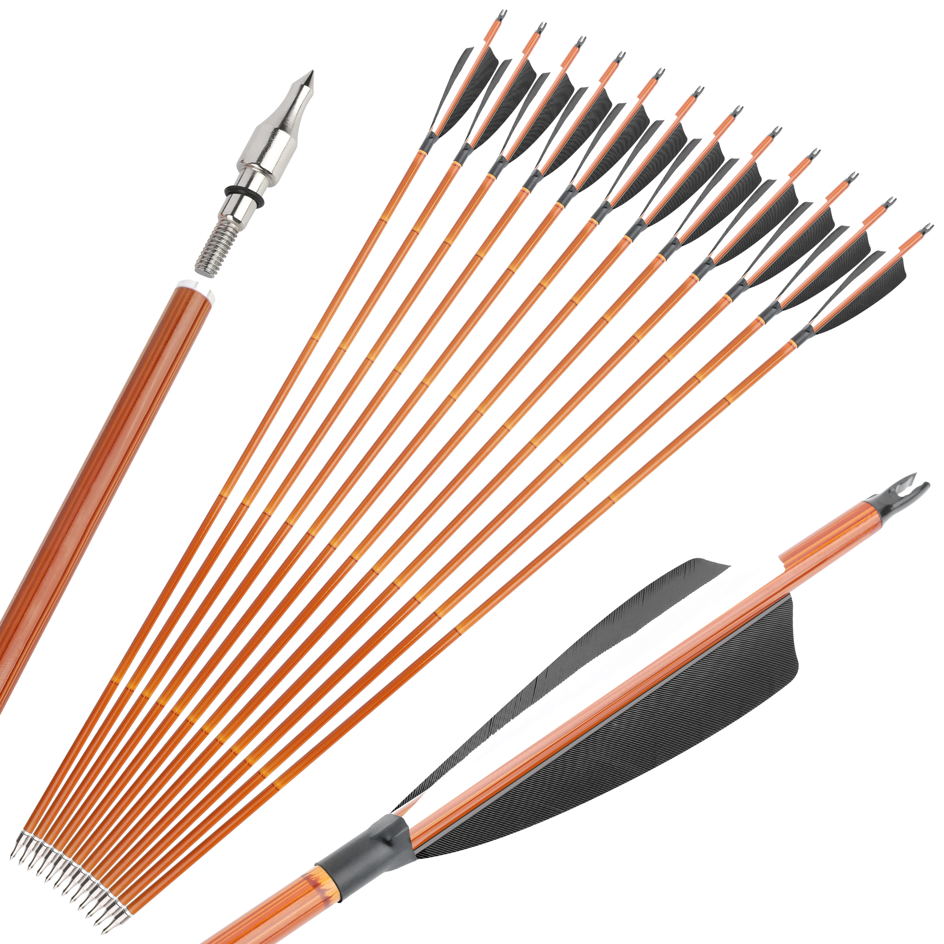 500 Spine Bamboo-Pattern Mixed Carbon Arrows (2 Black 1 White Real Feather, 12pcs)