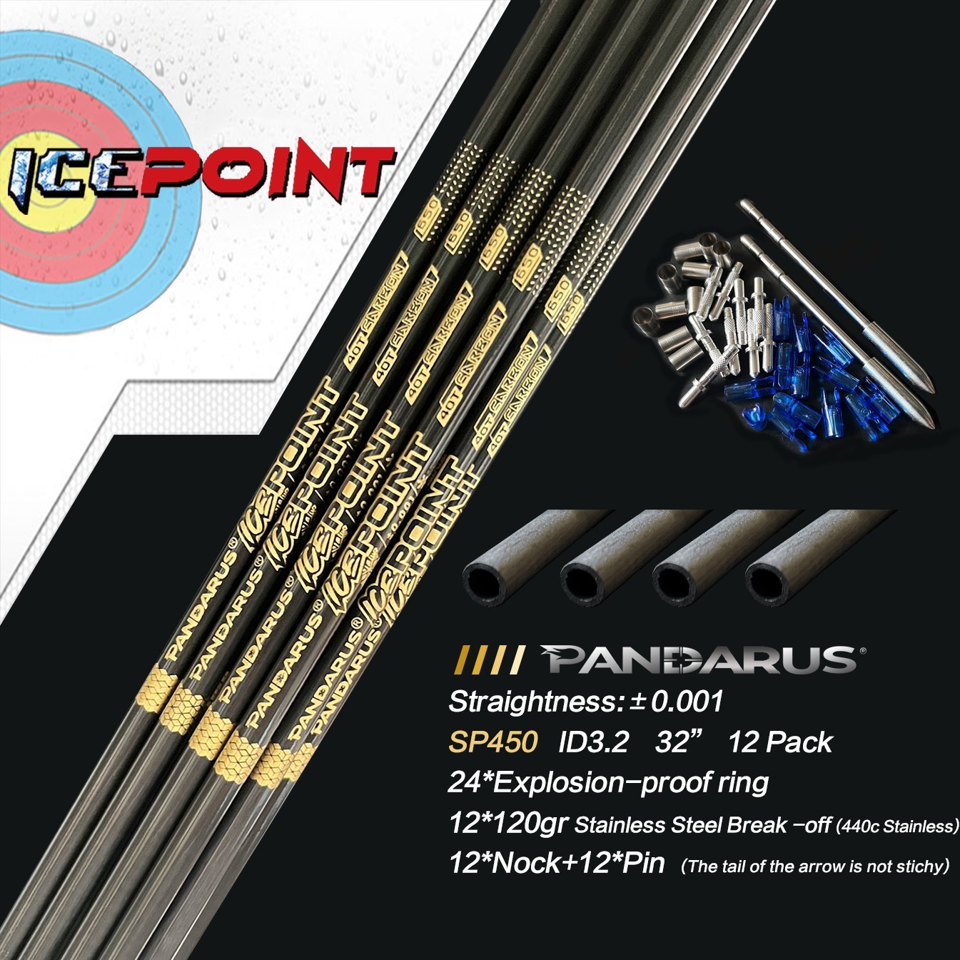 Pandarus Icepoint Series 3.2mm 40T Pure Carbon Arrow 0.001/0.003 (12pcs)