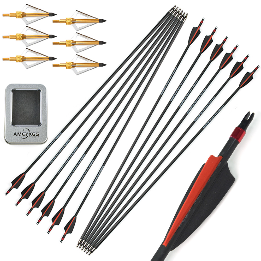Archery 12pcs Mixed Carbon Arrows with Rubber Feathers and 6 Yellow Jade Arrowheads