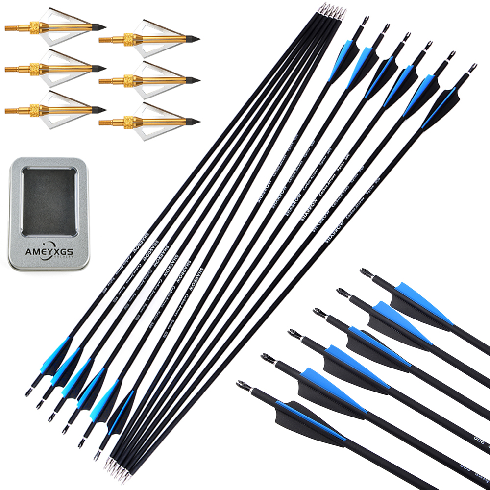 Archery 12pcs Mixed Carbon Arrows with Rubber Feathers and 6 Yellow Jade Arrowheads