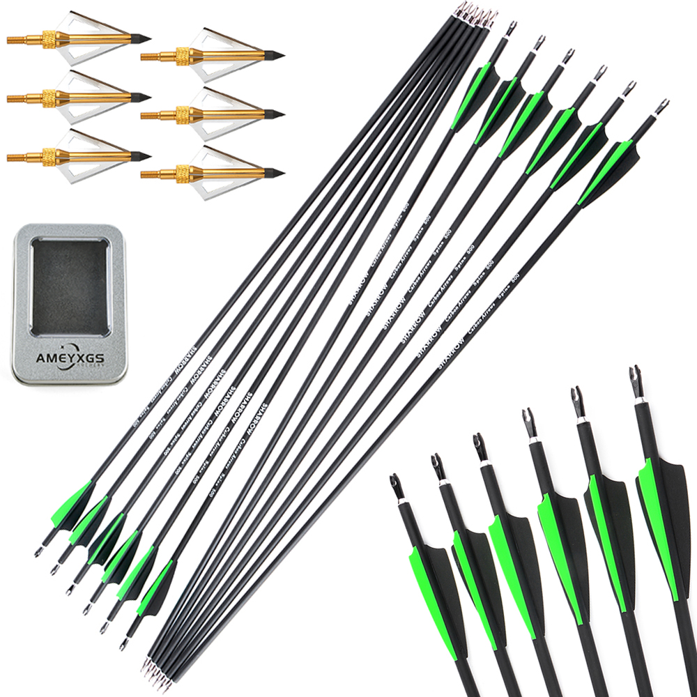 Archery 12pcs Mixed Carbon Arrows with Rubber Feathers and 6 Yellow Jade Arrowheads