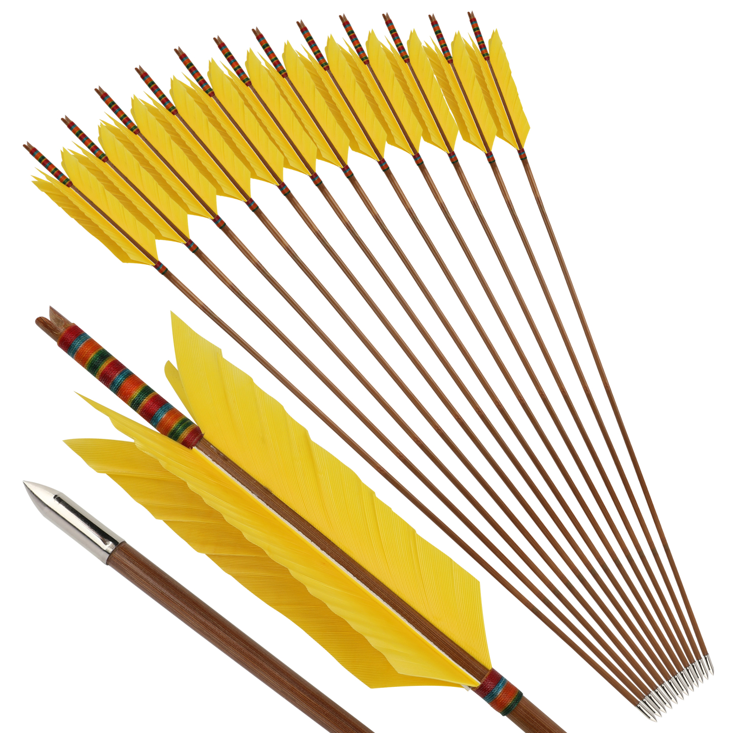 Traditional Bamboo Target Arrows, 33.5", 8mm, 4x4" Turkey Feathers, 12pcs Set