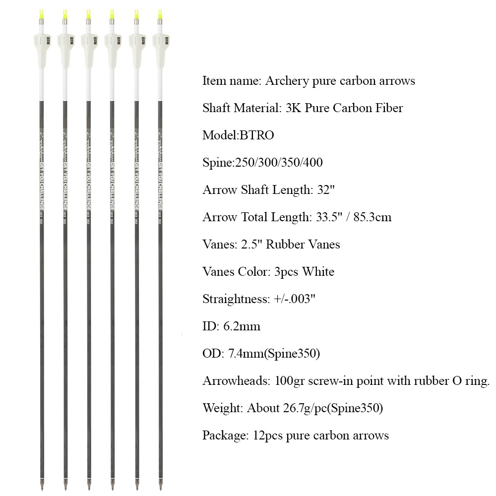 12pcs 32" Pure Carbon Arrows 2.5" Rubber Vanes 250-400 Spine