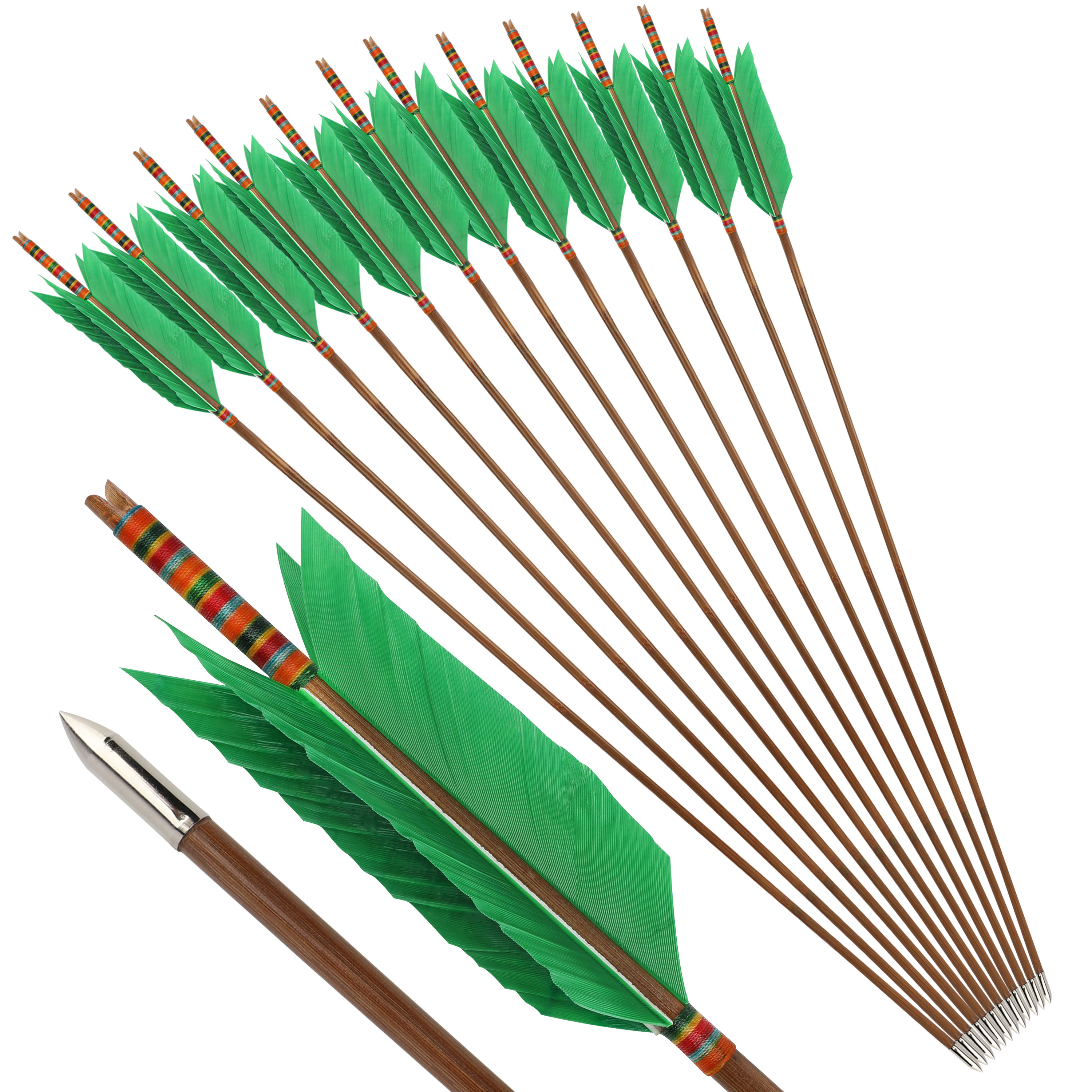 Traditional Bamboo Target Arrows, 33.5", 8mm, 4x4" Turkey Feathers, 12pcs Set