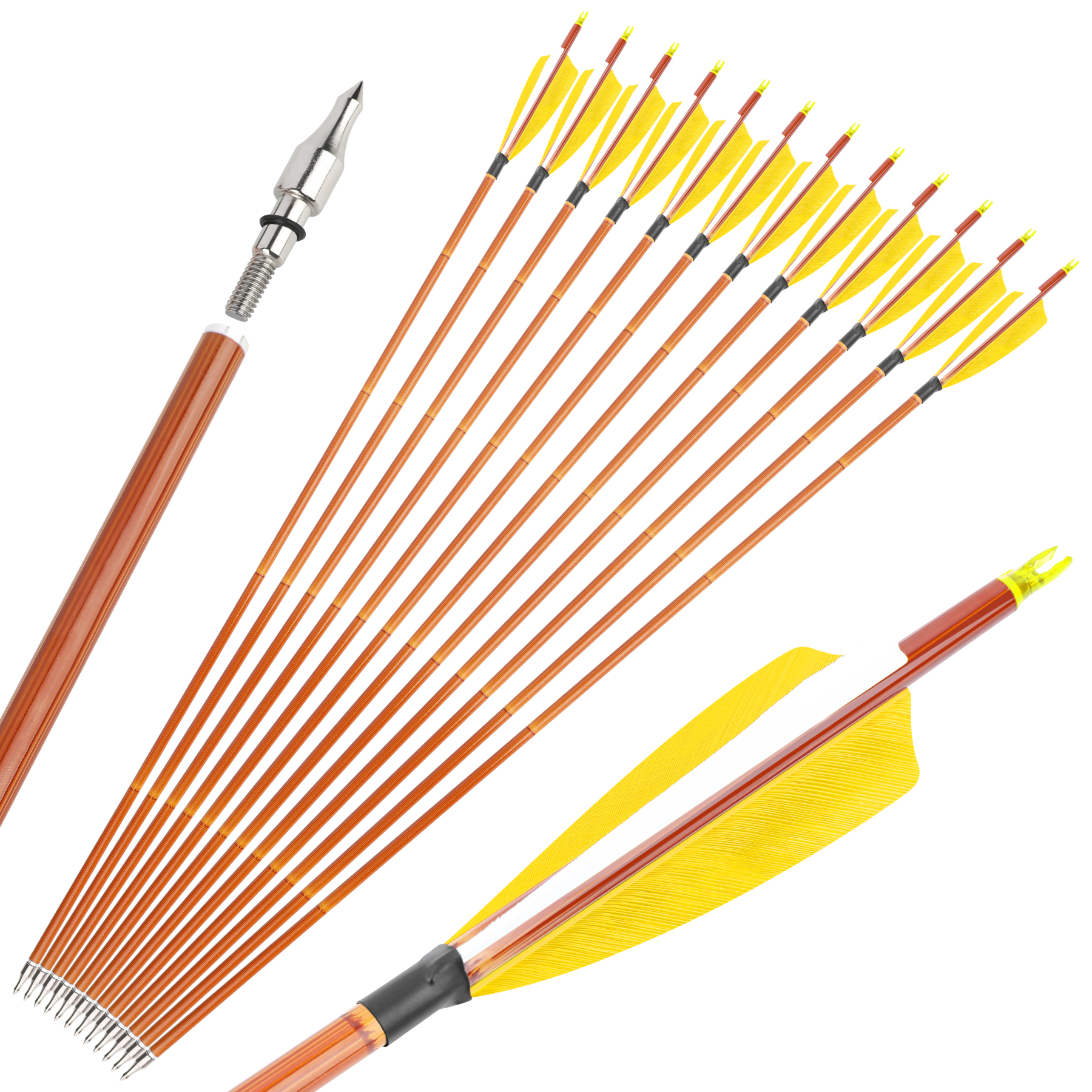AME ARCHERY 500 Spine Bamboo-Pattern Mixed Carbon Arrows (2 Yellow 1 White Real Feather, 12pcs)