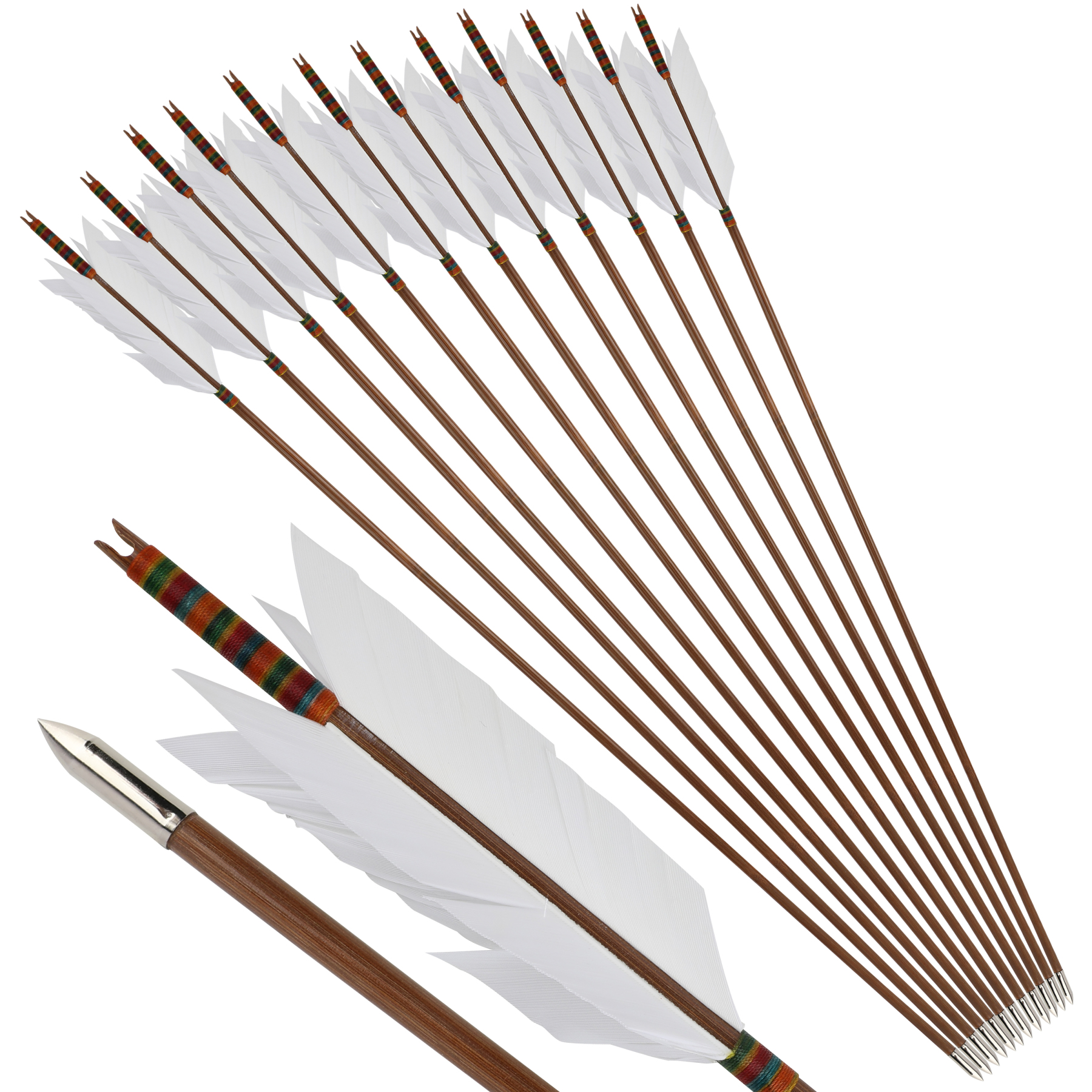 Traditional Bamboo Target Arrows, 33.5", 8mm, 4x4" Turkey Feathers, 12pcs Set