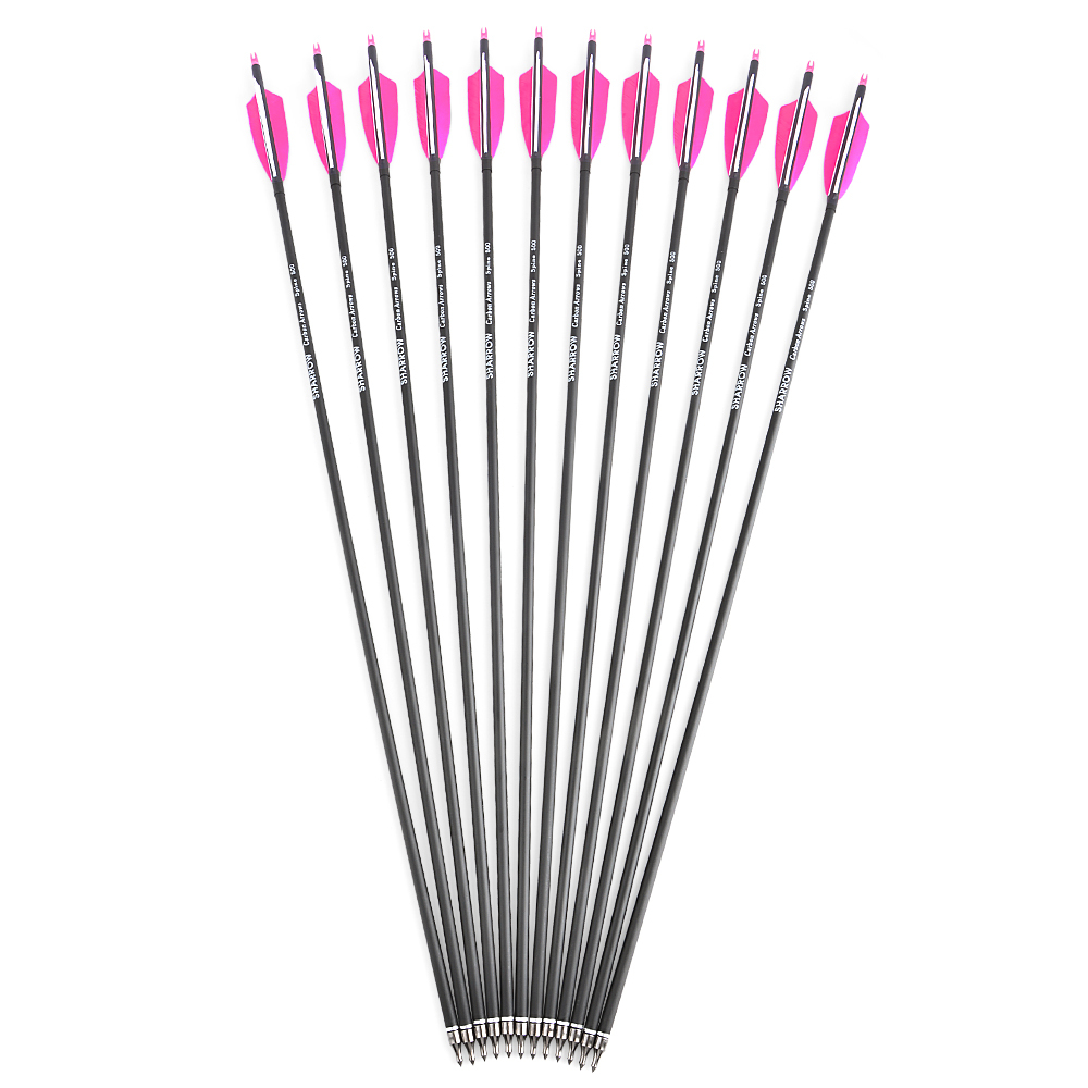 AME ARCHERY Spine500 Mixed Carbon Arrows with 2 Pink & 1 White Natural Feathers (12pcs)