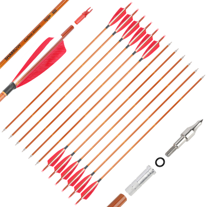 AME ARCHERY 500 Spine Bamboo-Pattern Mixed Carbon Arrows (2 Red 1 White Real Feather, 12pcs)