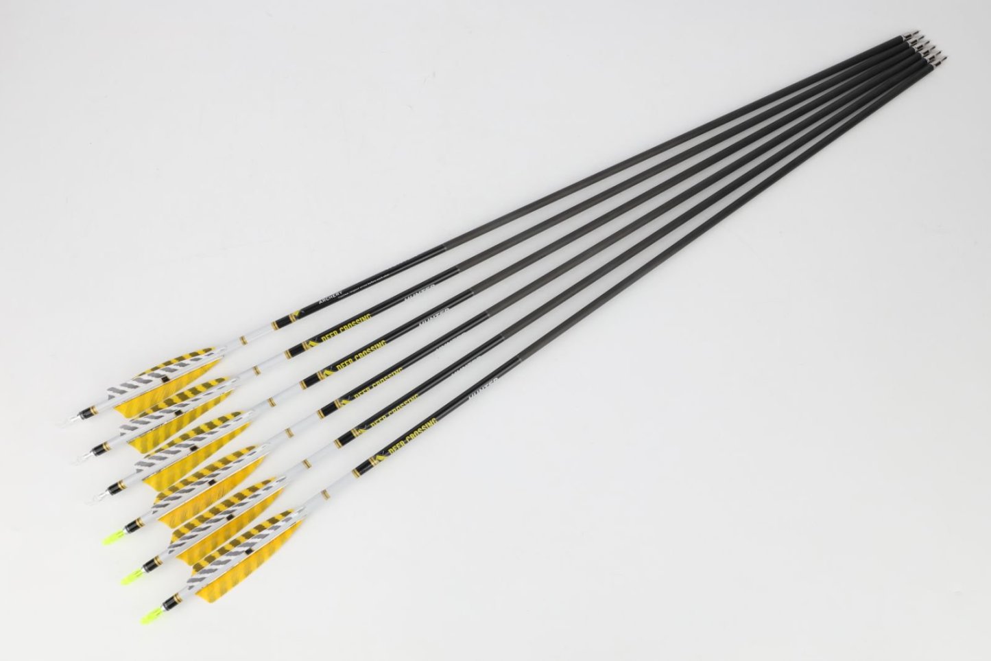 Deer Crossing Pure Carbon Arrow – 2 Yellow 1 White 4" Shield Striped Feather Fletching (12pcs)