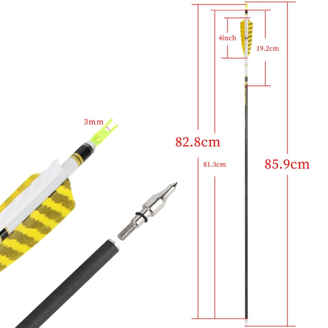 Deer Crossing Pure Carbon Arrow – 2 Yellow 1 White 4" Shield Striped Feather Fletching (12pcs)