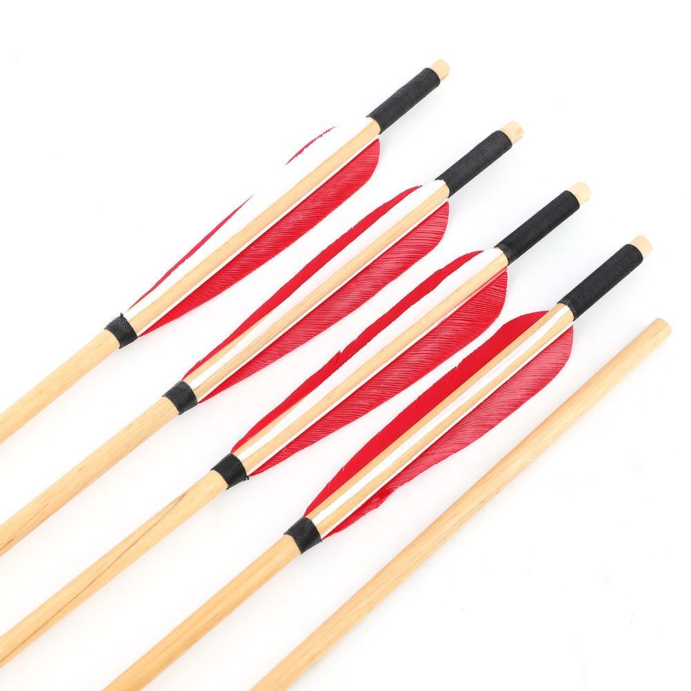 AME 2 Red 1 White 5-Inch Waterdrop Nature Feather Wooden Arrows (12pcs)