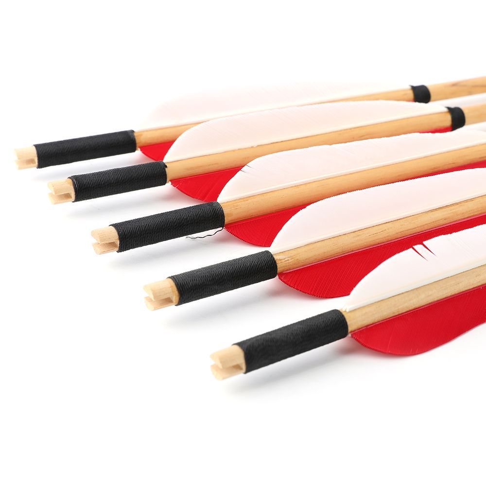 AME 2 Red 1 White 5-Inch Waterdrop Nature Feather Wooden Arrows (12pcs)