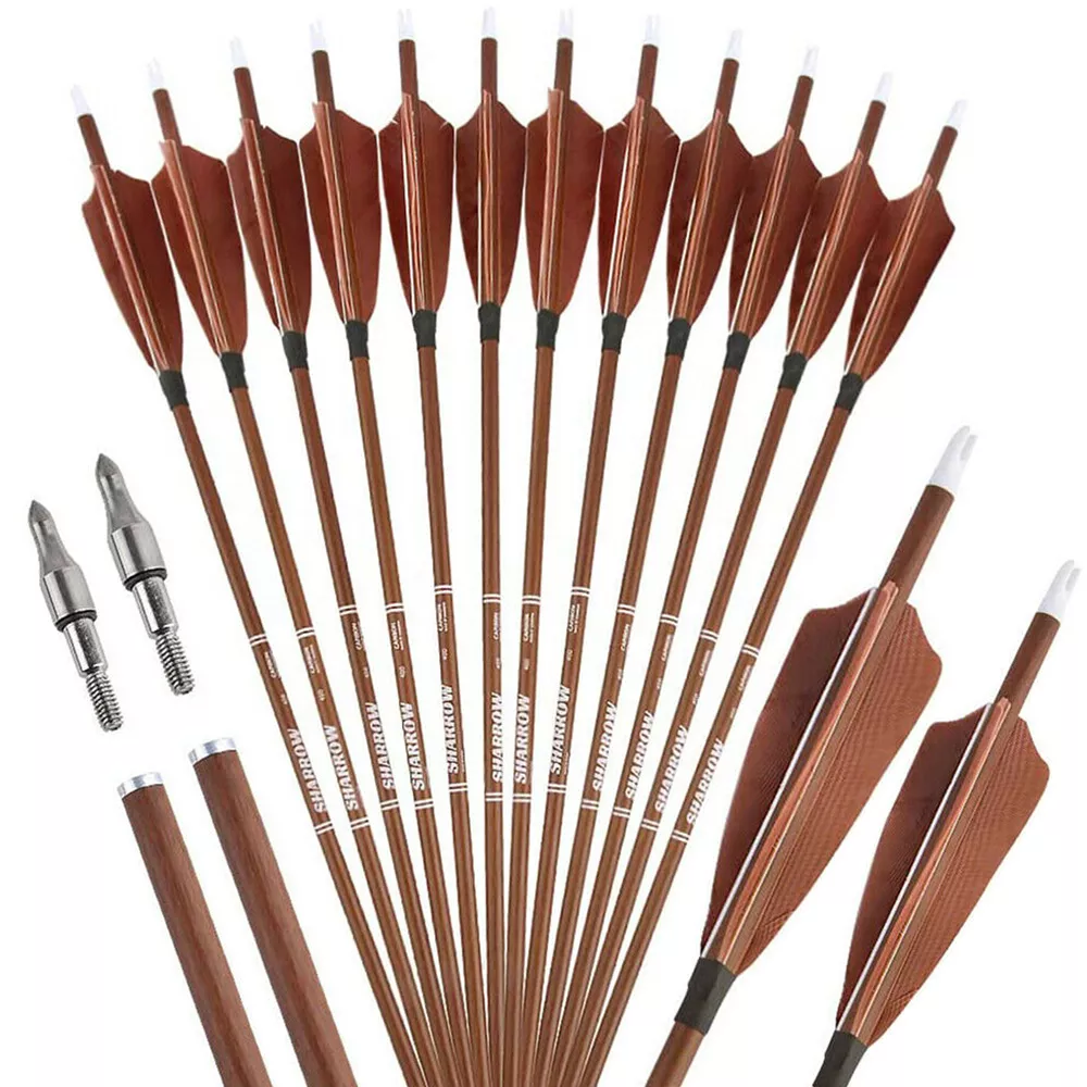 AME 31" Pure Carbon Arrows SP340-600 4'' Turkey Feather for Archery Shooting(12pcs)